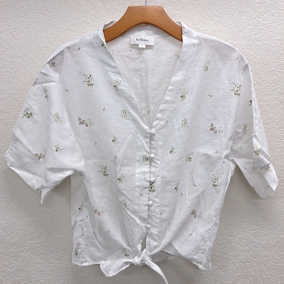 Boheme White Floral Print Button front Linen Blend Top S - Picture 1 of 5